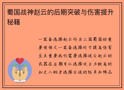 蜀国战神赵云的后期突破与伤害提升秘籍