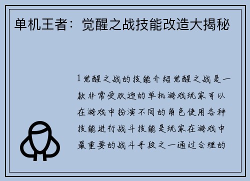 单机王者：觉醒之战技能改造大揭秘
